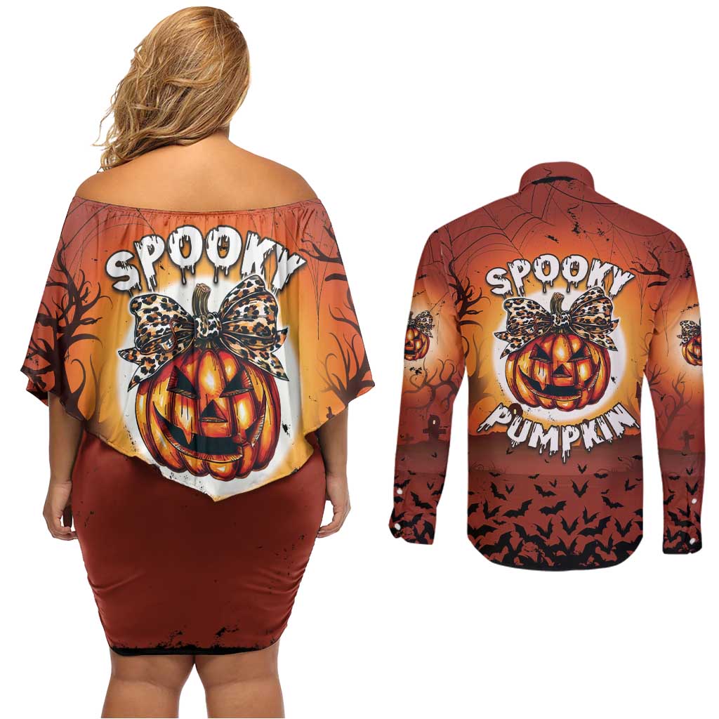 Coquette Pumpkin Halloween Couples Matching Off Shoulder Short Dress and Long Sleeve Button Shirt It's Spooky Season LT05 - Wonder Print Shop