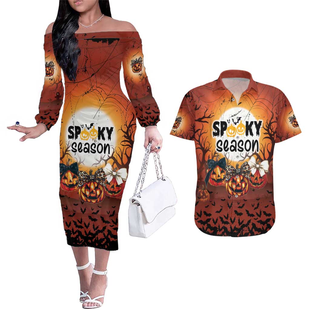 Coquette Pumpkin Halloween Couples Matching Off The Shoulder Long Sleeve Dress and Hawaiian Shirt It's Spooky Season LT05 - Wonder Print Shop