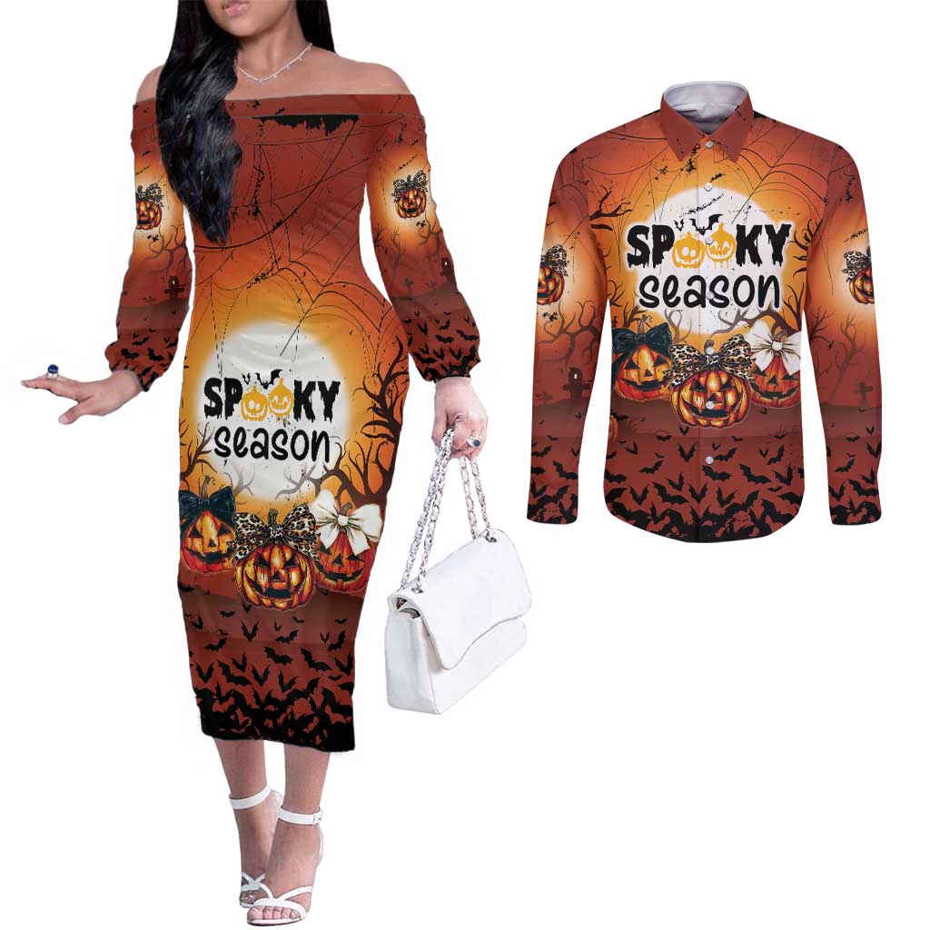 Coquette Pumpkin Halloween Couples Matching Off The Shoulder Long Sleeve Dress and Long Sleeve Button Shirt It's Spooky Season