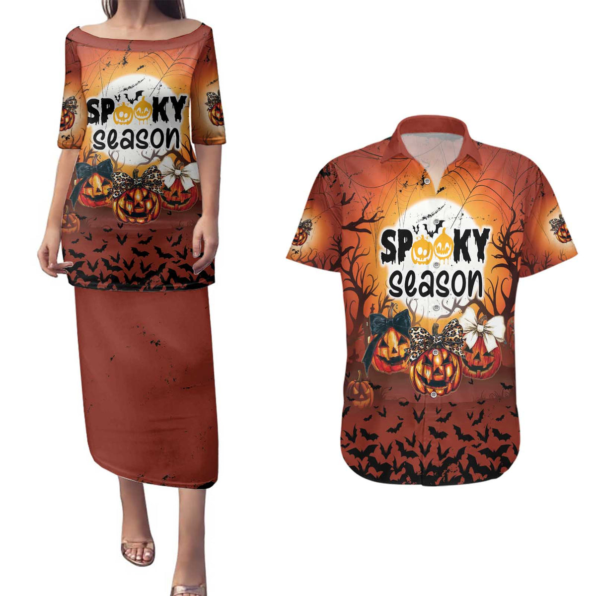 Coquette Pumpkin Halloween Couples Matching Puletasi and Hawaiian Shirt It's Spooky Season LT05 - Wonder Print Shop