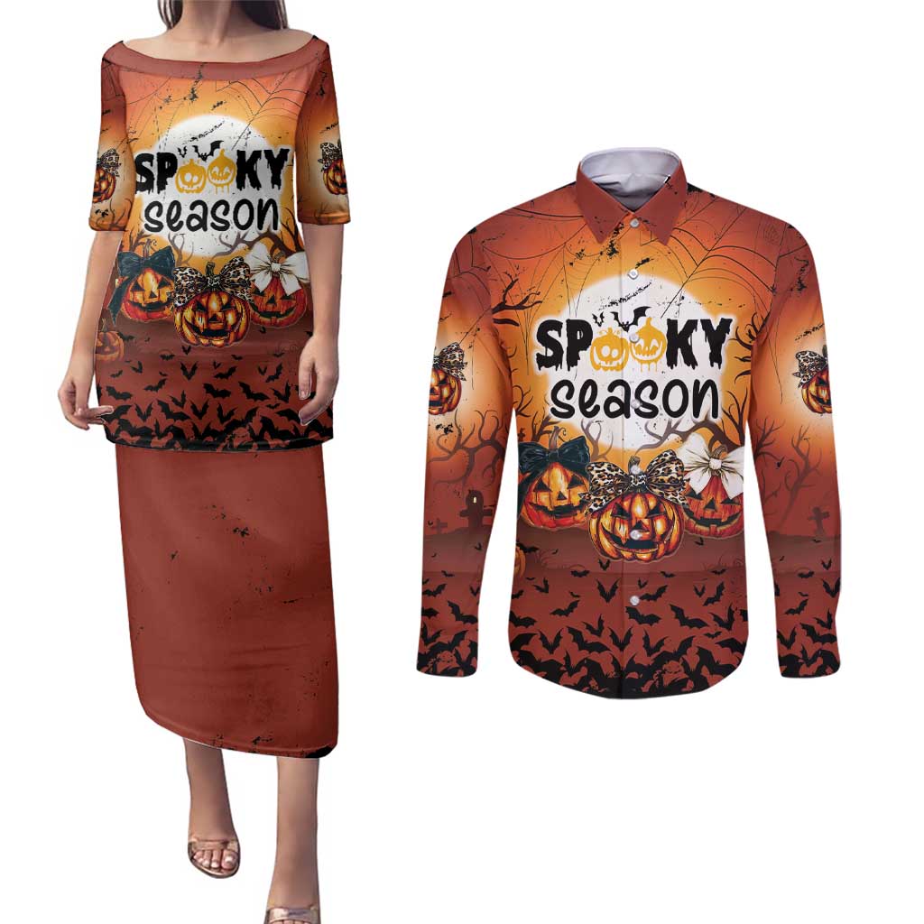 Coquette Pumpkin Halloween Couples Matching Puletasi and Long Sleeve Button Shirt It's Spooky Season LT05 - Wonder Print Shop