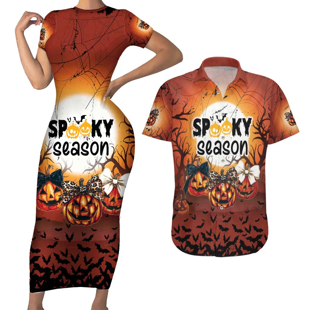 Coquette Pumpkin Halloween Couples Matching Short Sleeve Bodycon Dress and Hawaiian Shirt It's Spooky Season LT05 - Wonder Print Shop