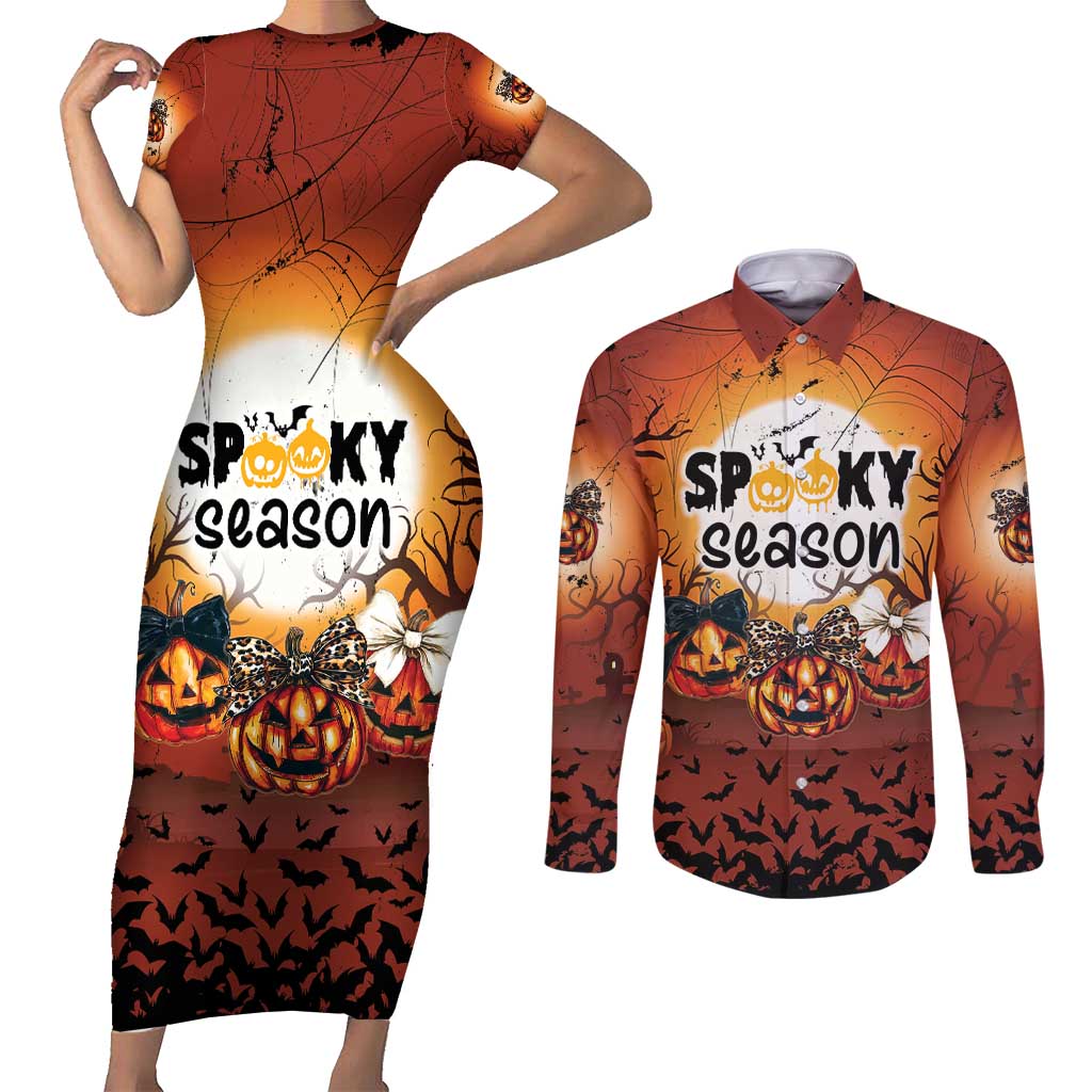 Coquette Pumpkin Halloween Couples Matching Short Sleeve Bodycon Dress and Long Sleeve Button Shirt It's Spooky Season LT05 - Wonder Print Shop