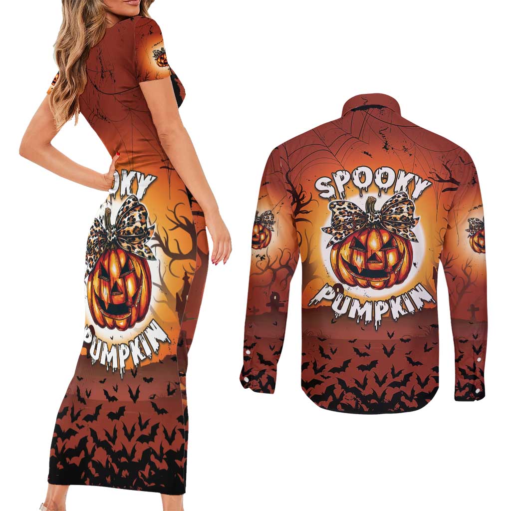 Coquette Pumpkin Halloween Couples Matching Short Sleeve Bodycon Dress and Long Sleeve Button Shirt It's Spooky Season LT05 - Wonder Print Shop