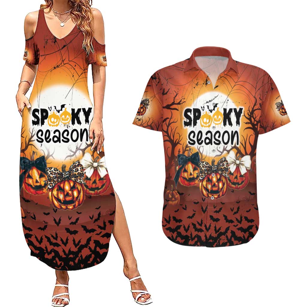 Coquette Pumpkin Halloween Couples Matching Summer Maxi Dress and Hawaiian Shirt It's Spooky Season LT05 - Wonder Print Shop