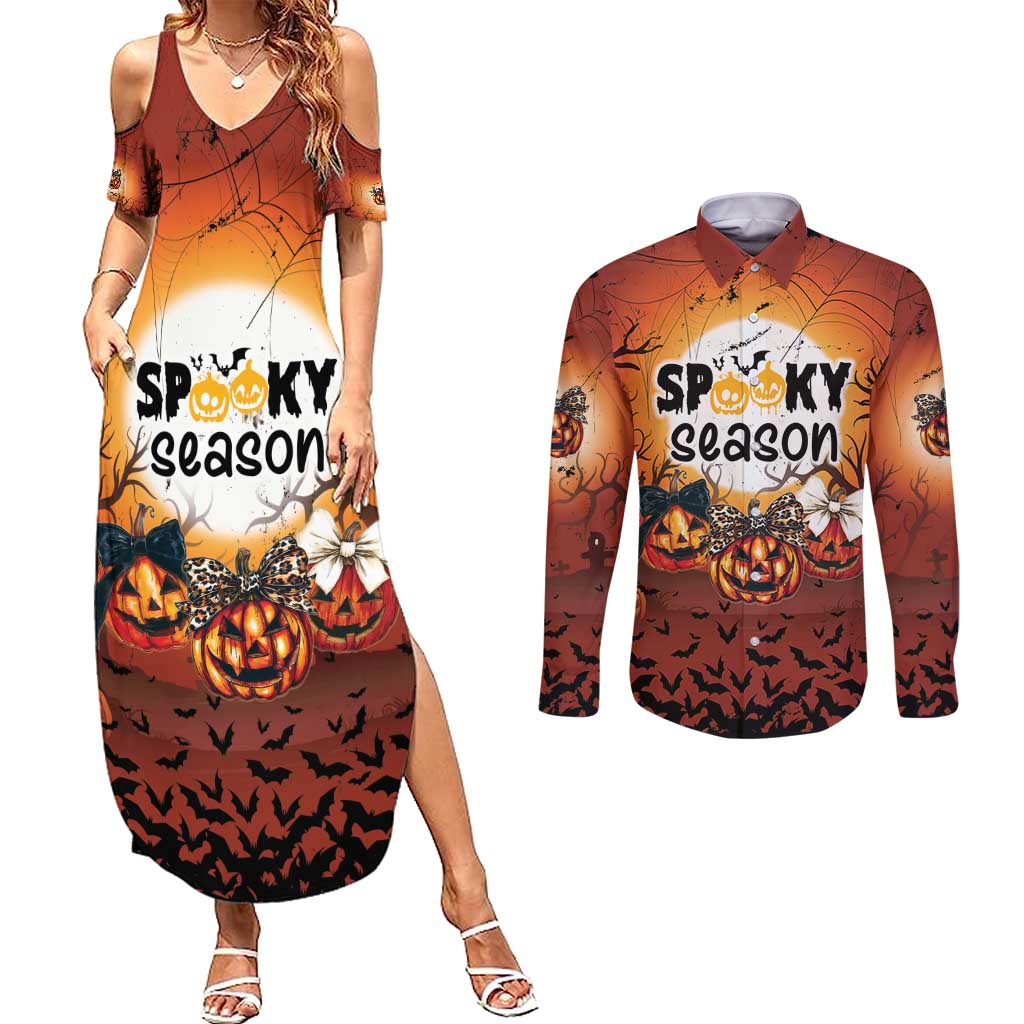 Coquette Pumpkin Halloween Couples Matching Summer Maxi Dress and Long Sleeve Button Shirt It's Spooky Season LT05 - Wonder Print Shop