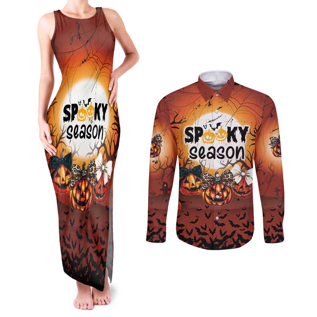 Coquette Pumpkin Halloween Couples Matching Tank Maxi Dress and Long Sleeve Button Shirt It's Spooky Season LT05 - Wonder Print Shop