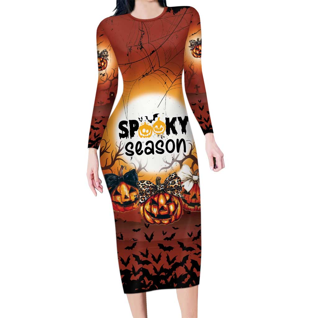 Coquette Pumpkin Halloween Family Matching Long Sleeve Bodycon Dress and Hawaiian Shirt It's Spooky Season LT05 - Wonder Print Shop