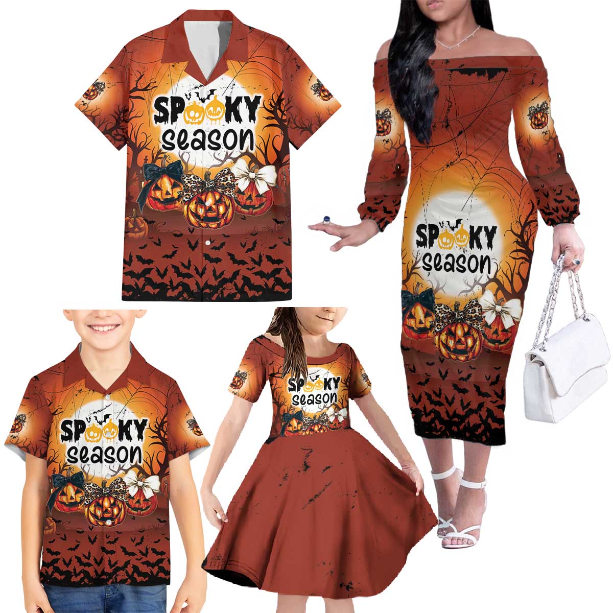 Coquette Pumpkin Halloween Family Matching Off The Shoulder Long Sleeve Dress and Hawaiian Shirt It's Spooky Season LT05 - Wonder Print Shop