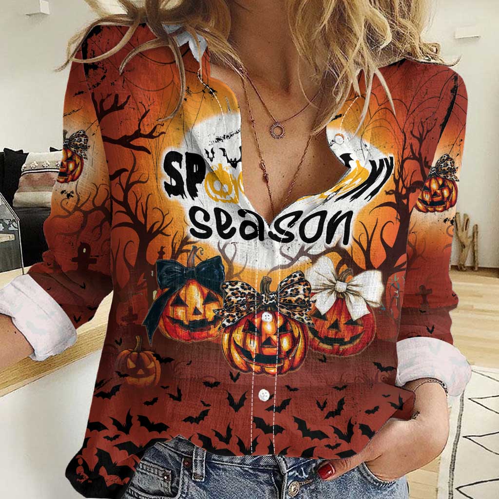 Coquette Pumpkin Halloween Women Casual Shirt It's Spooky Season LT05 - Wonder Print Shop