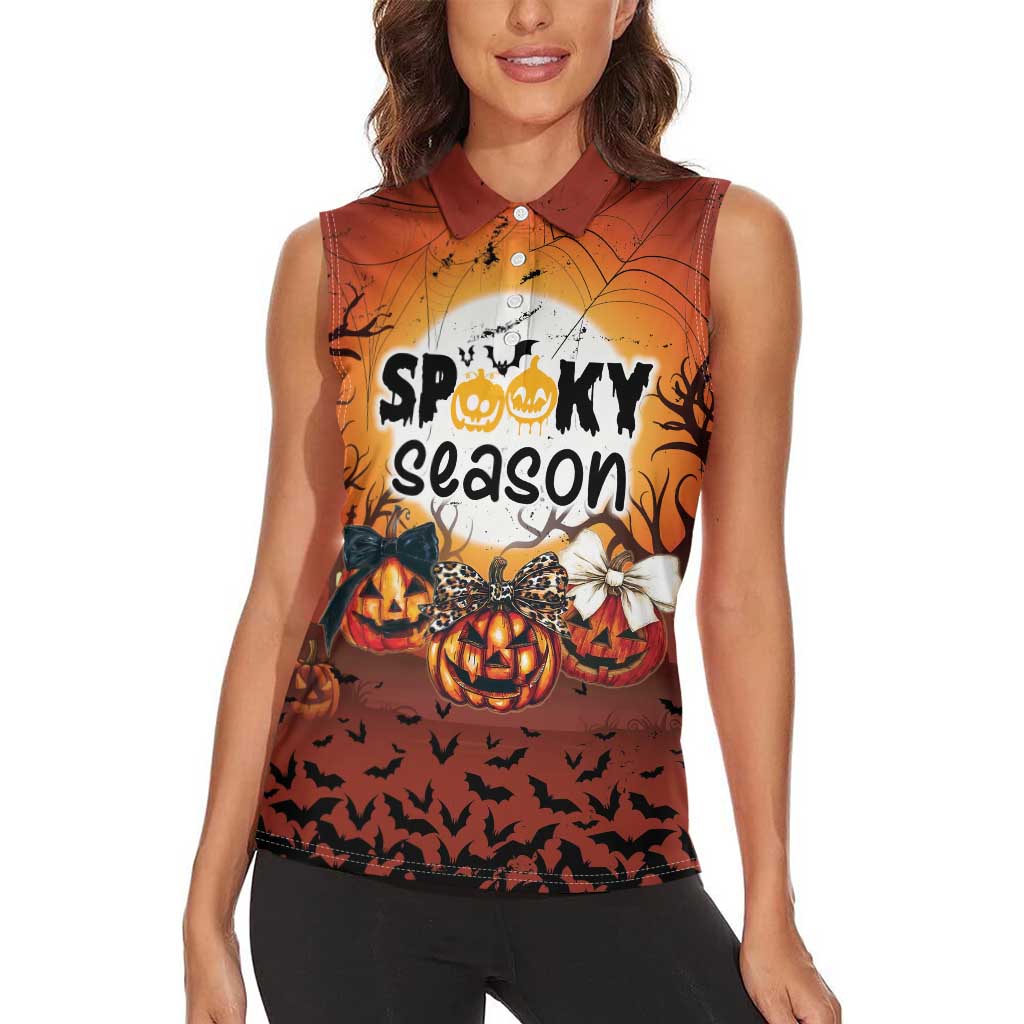 Coquette Pumpkin Halloween Women Sleeveless Polo Shirt It's Spooky Season LT05 - Wonder Print Shop