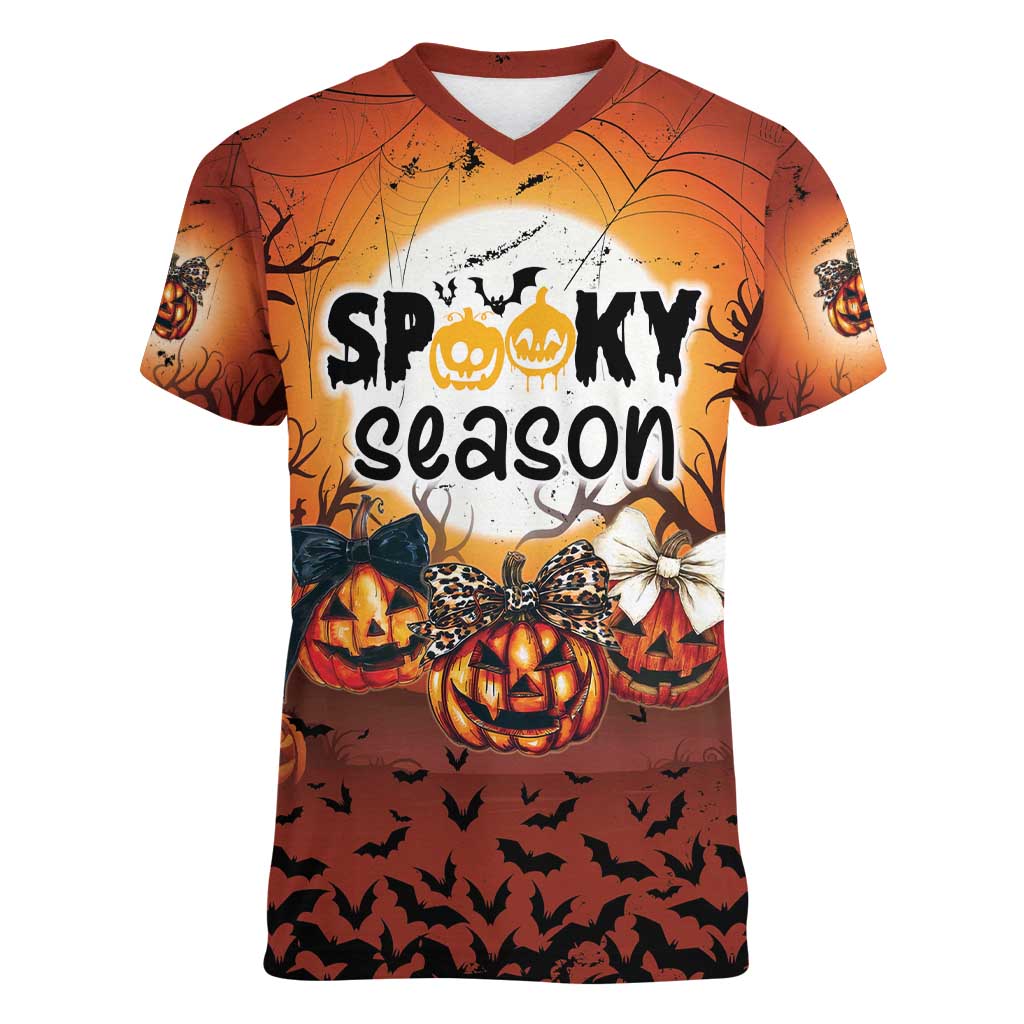 Coquette Pumpkin Halloween Women V-Neck T-Shirt It's Spooky Season LT05 - Wonder Print Shop