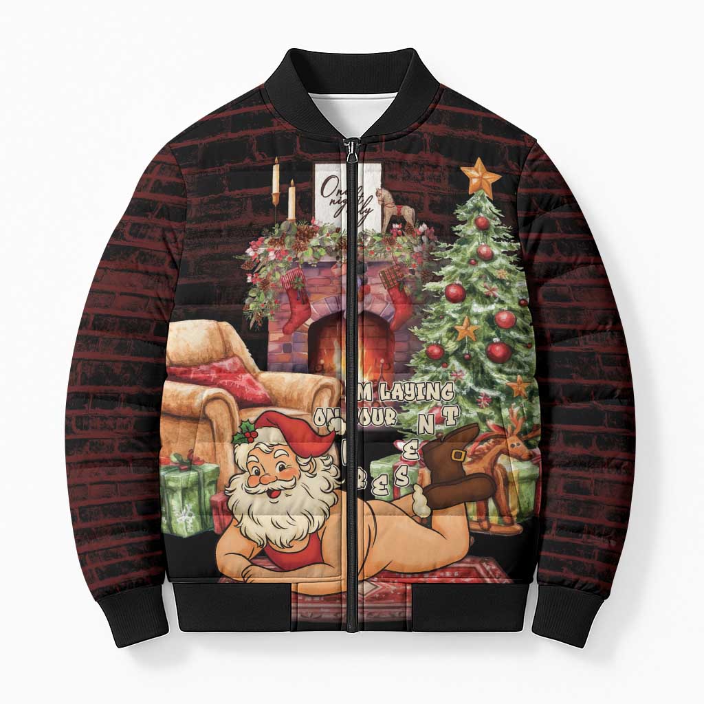 Funny Christmas Bomber Puffer Jacket Naughty Santa Im Laying On Your Present - Wonder Print Shop