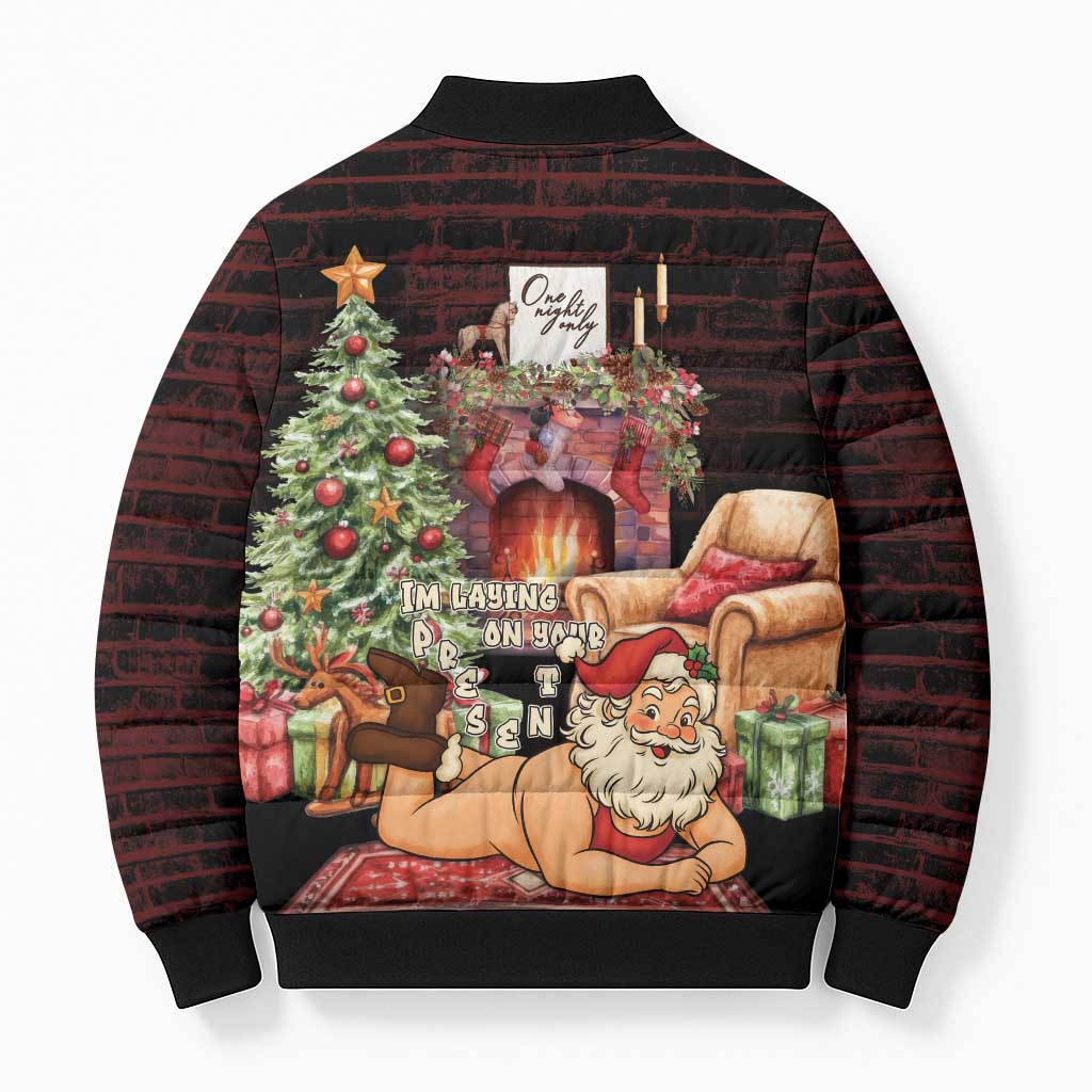 Funny Christmas Bomber Puffer Jacket Naughty Santa Im Laying On Your Present - Wonder Print Shop