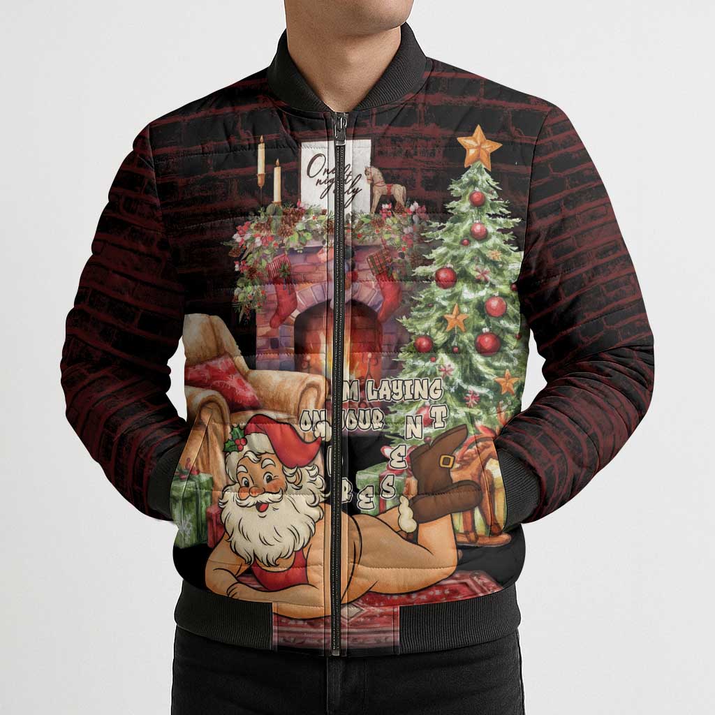 Funny Christmas Bomber Puffer Jacket Naughty Santa Im Laying On Your Present - Wonder Print Shop