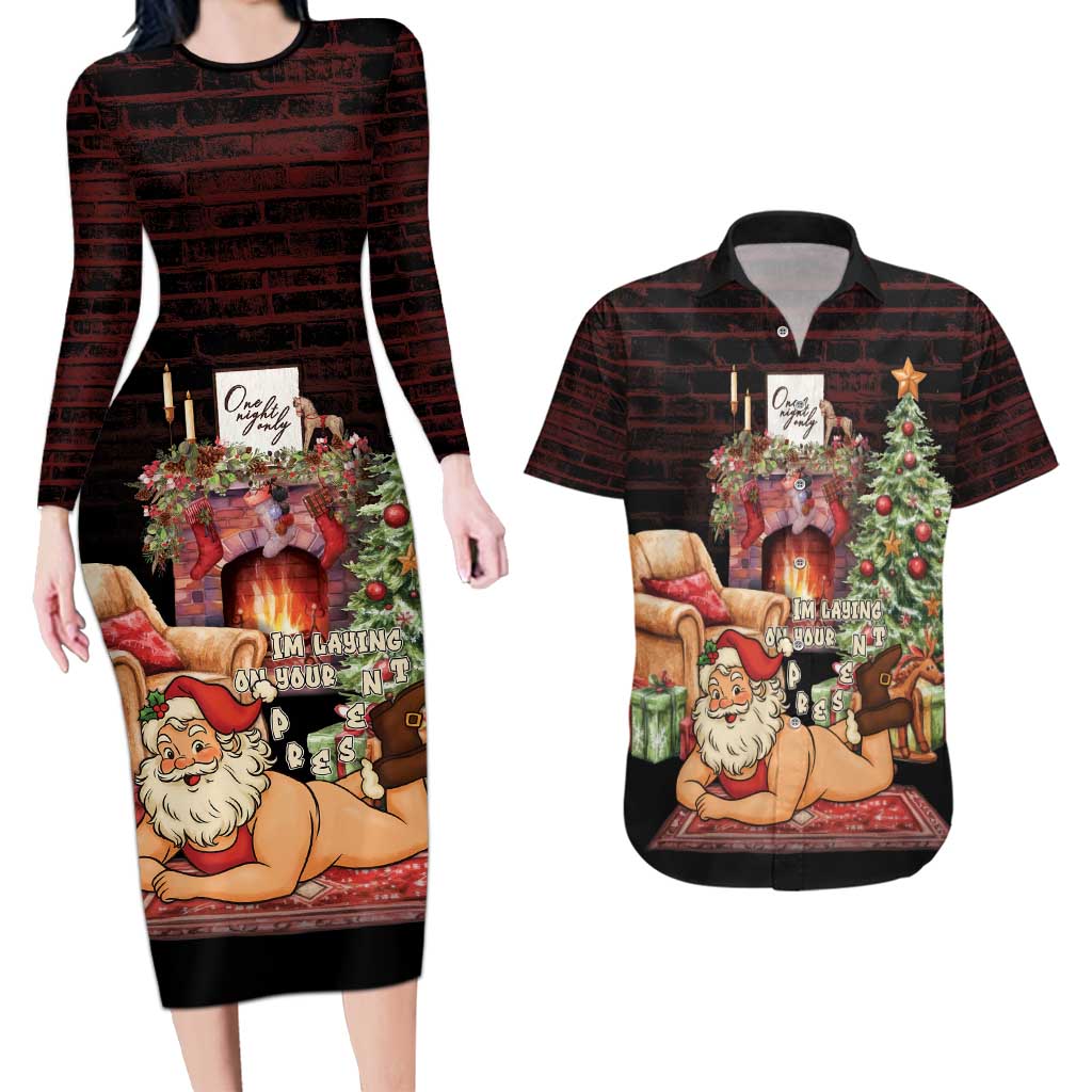 Funny Christmas Couples Matching Long Sleeve Bodycon Dress and Hawaiian Shirt Naughty Santa Im Laying On Your Present - Wonder Print Shop