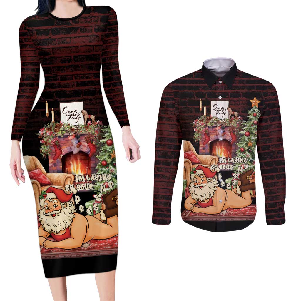 Funny Christmas Couples Matching Long Sleeve Bodycon Dress and Long Sleeve Button Shirt Naughty Santa Im Laying On Your Present - Wonder Print Shop