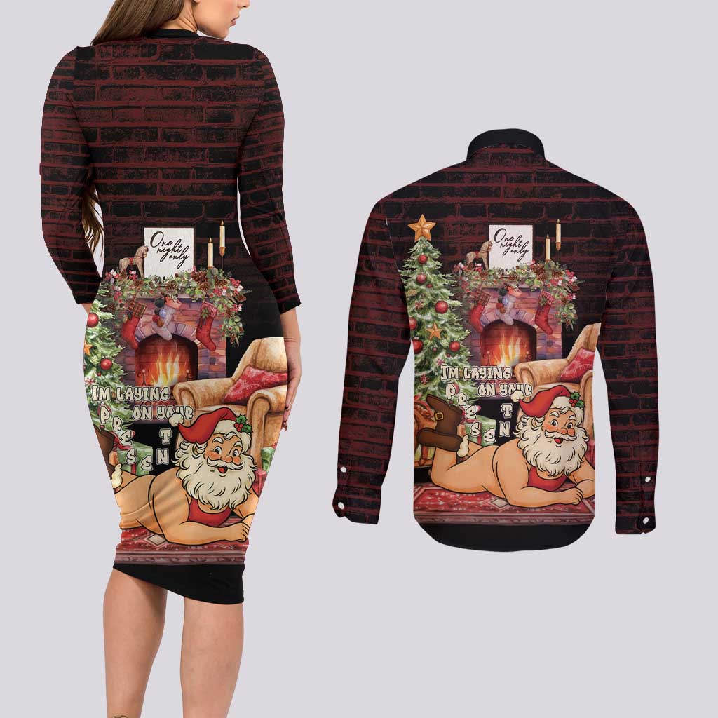 Funny Christmas Couples Matching Long Sleeve Bodycon Dress and Long Sleeve Button Shirt Naughty Santa Im Laying On Your Present - Wonder Print Shop