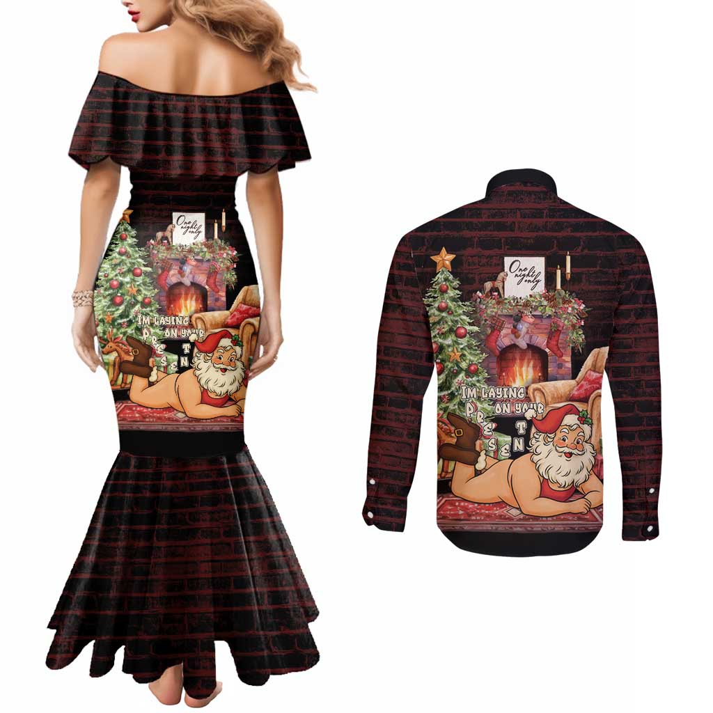 Funny Christmas Couples Matching Mermaid Dress and Long Sleeve Button Shirt Naughty Santa Im Laying On Your Present - Wonder Print Shop