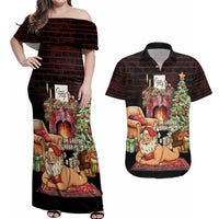 Funny Christmas Couples Matching Off Shoulder Maxi Dress and Hawaiian Shirt Naughty Santa Im Laying On Your Present - Wonder Print Shop