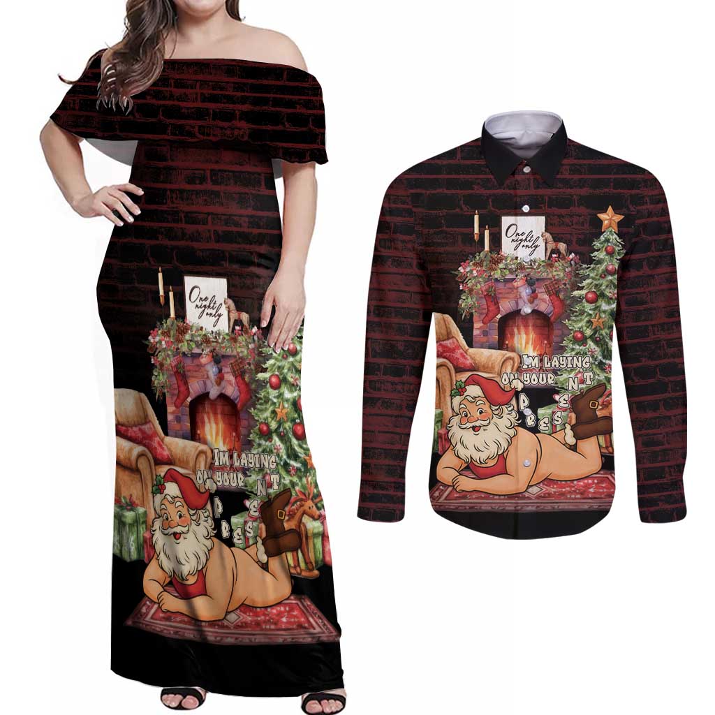 Funny Christmas Couples Matching Off Shoulder Maxi Dress and Long Sleeve Button Shirt Naughty Santa Im Laying On Your Present - Wonder Print Shop