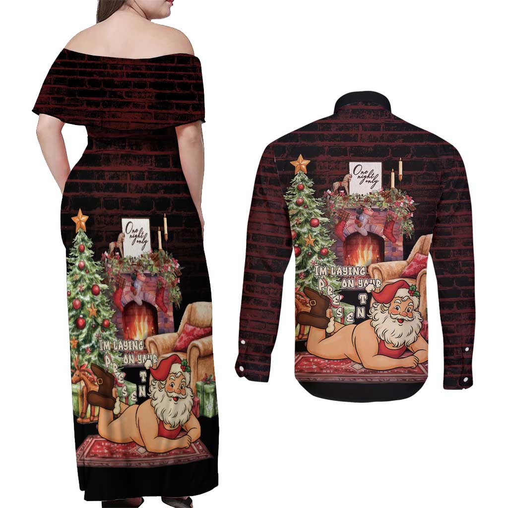 Funny Christmas Couples Matching Off Shoulder Maxi Dress and Long Sleeve Button Shirt Naughty Santa Im Laying On Your Present - Wonder Print Shop