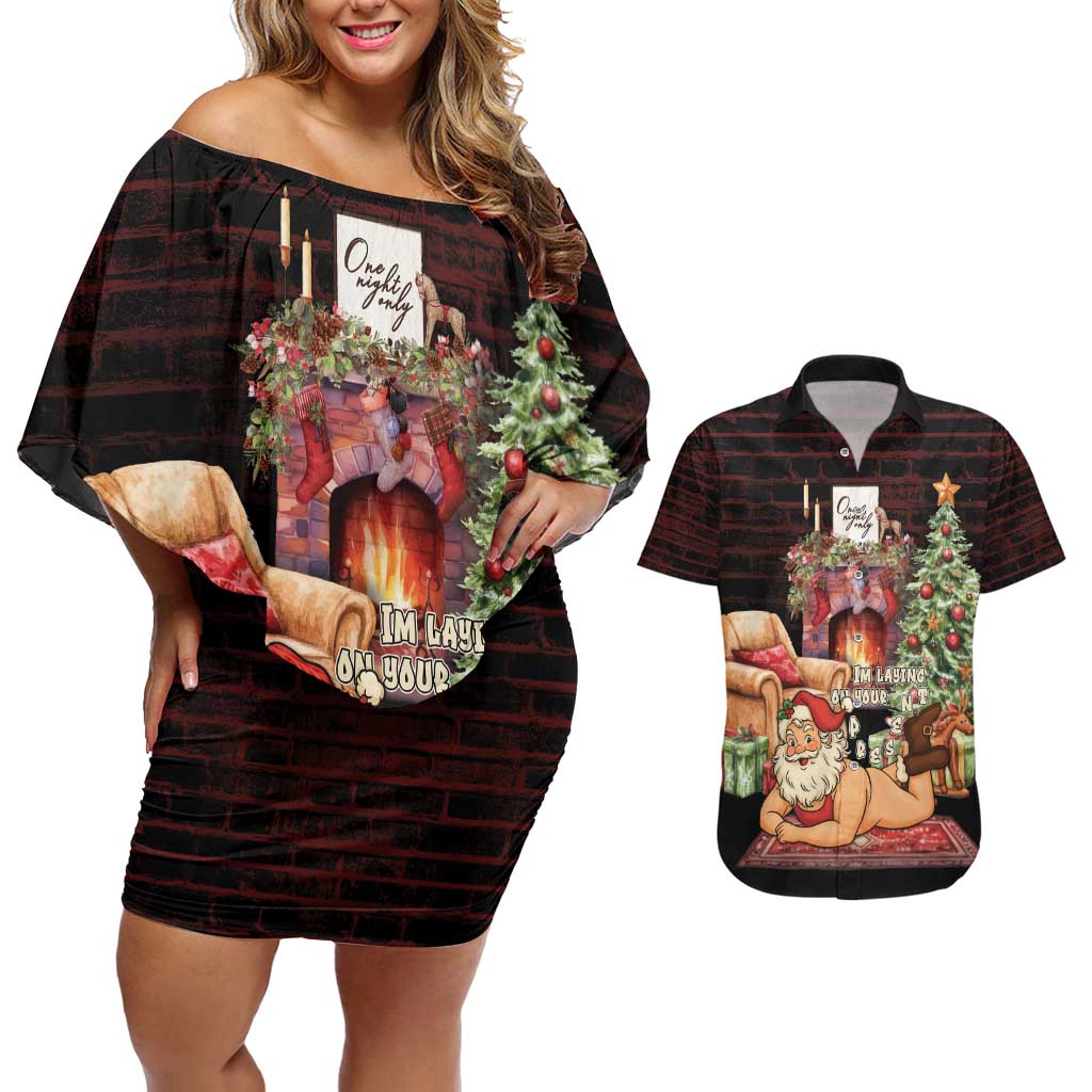 Funny Christmas Couples Matching Off Shoulder Short Dress and Hawaiian Shirt Naughty Santa Im Laying On Your Present - Wonder Print Shop