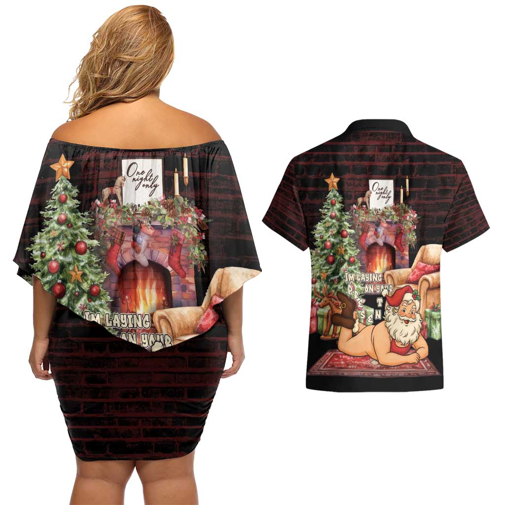 Funny Christmas Couples Matching Off Shoulder Short Dress and Hawaiian Shirt Naughty Santa Im Laying On Your Present - Wonder Print Shop
