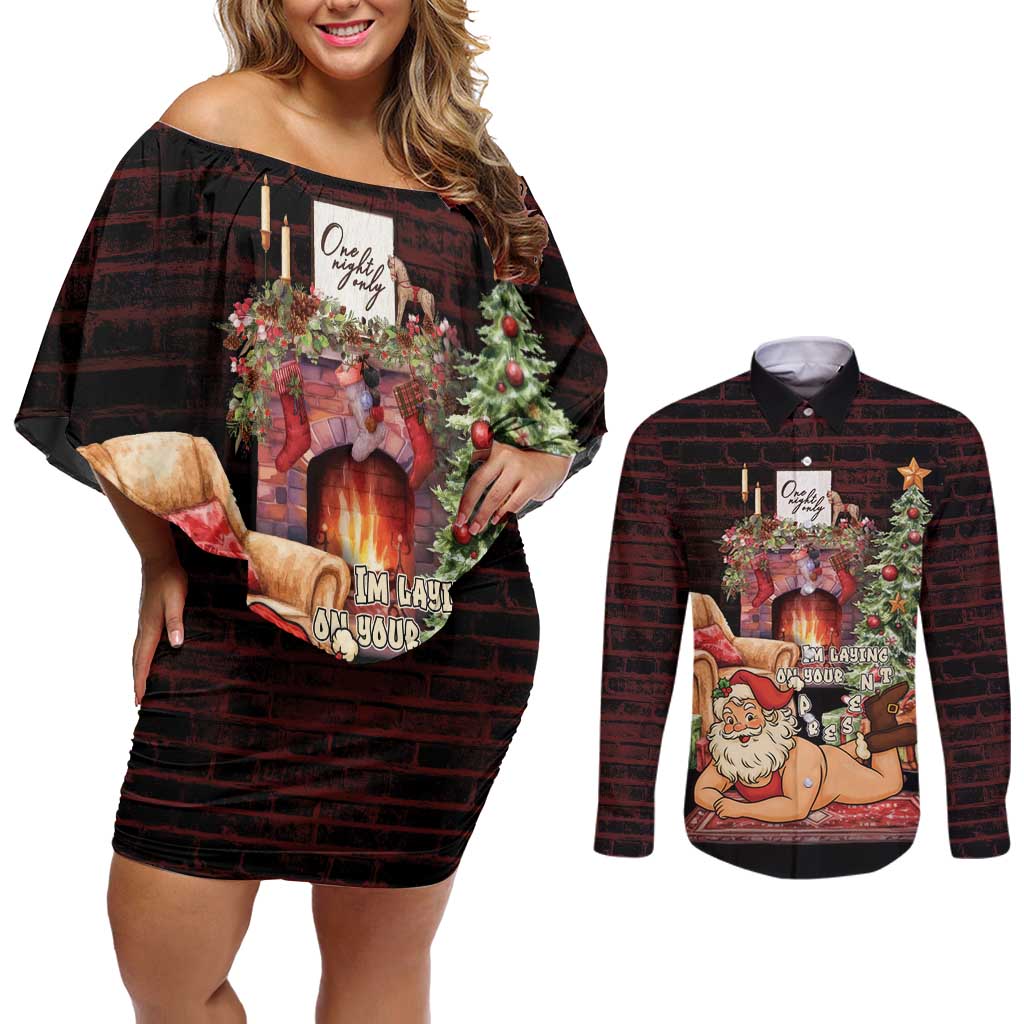 Funny Christmas Couples Matching Off Shoulder Short Dress and Long Sleeve Button Shirt Naughty Santa Im Laying On Your Present - Wonder Print Shop