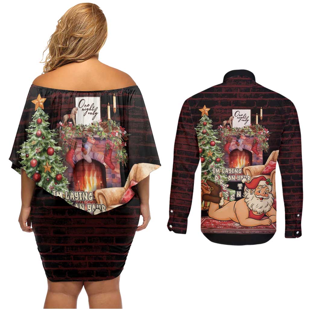 Funny Christmas Couples Matching Off Shoulder Short Dress and Long Sleeve Button Shirt Naughty Santa Im Laying On Your Present - Wonder Print Shop