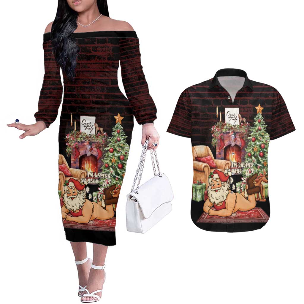 Funny Christmas Couples Matching Off The Shoulder Long Sleeve Dress and Hawaiian Shirt Naughty Santa Im Laying On Your Present - Wonder Print Shop