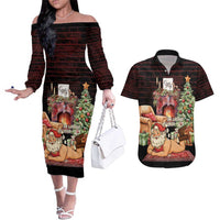 Funny Christmas Couples Matching Off The Shoulder Long Sleeve Dress and Hawaiian Shirt Naughty Santa Im Laying On Your Present - Wonder Print Shop