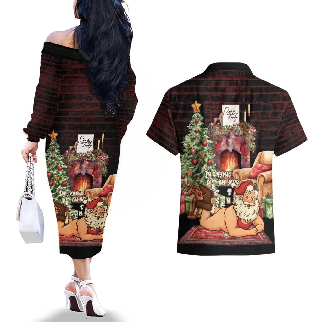 Funny Christmas Couples Matching Off The Shoulder Long Sleeve Dress and Hawaiian Shirt Naughty Santa Im Laying On Your Present - Wonder Print Shop