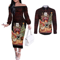 Funny Christmas Couples Matching Off The Shoulder Long Sleeve Dress and Long Sleeve Button Shirt Naughty Santa Im Laying On Your Present - Wonder Print Shop