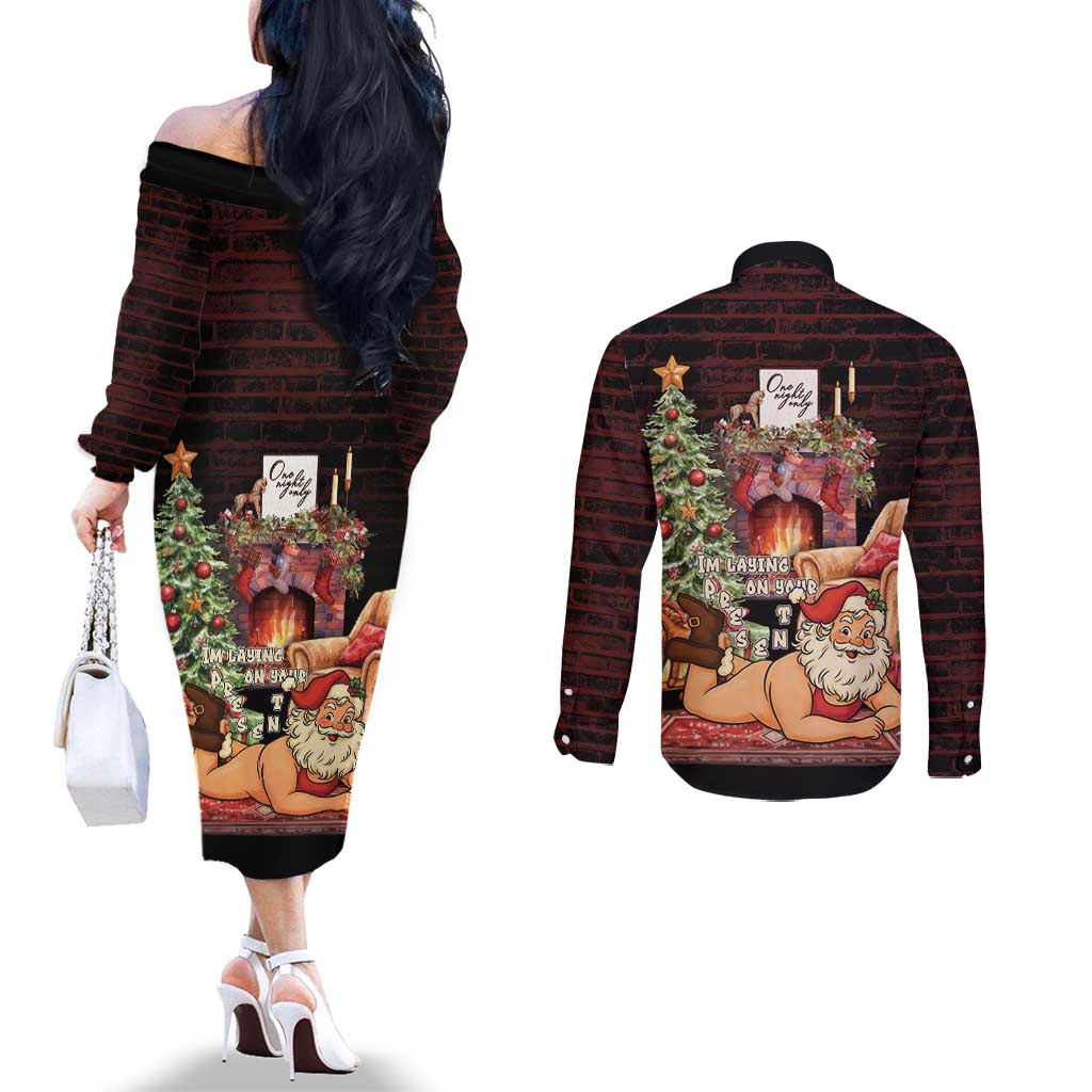 Funny Christmas Couples Matching Off The Shoulder Long Sleeve Dress and Long Sleeve Button Shirt Naughty Santa Im Laying On Your Present - Wonder Print Shop
