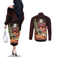 Funny Christmas Couples Matching Off The Shoulder Long Sleeve Dress and Long Sleeve Button Shirt Naughty Santa Im Laying On Your Present - Wonder Print Shop