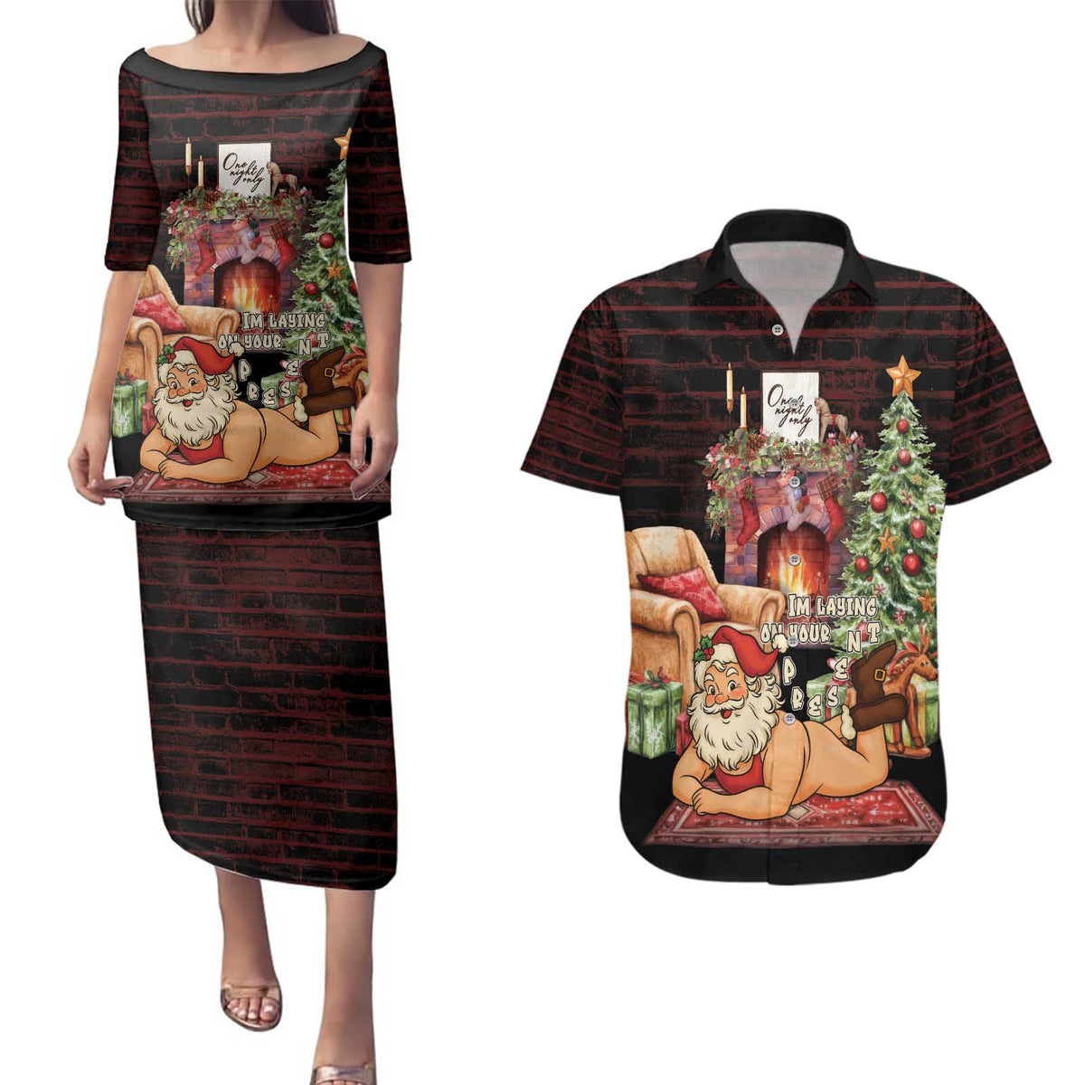 Funny Christmas Couples Matching Puletasi and Hawaiian Shirt Naughty Santa Im Laying On Your Present - Wonder Print Shop