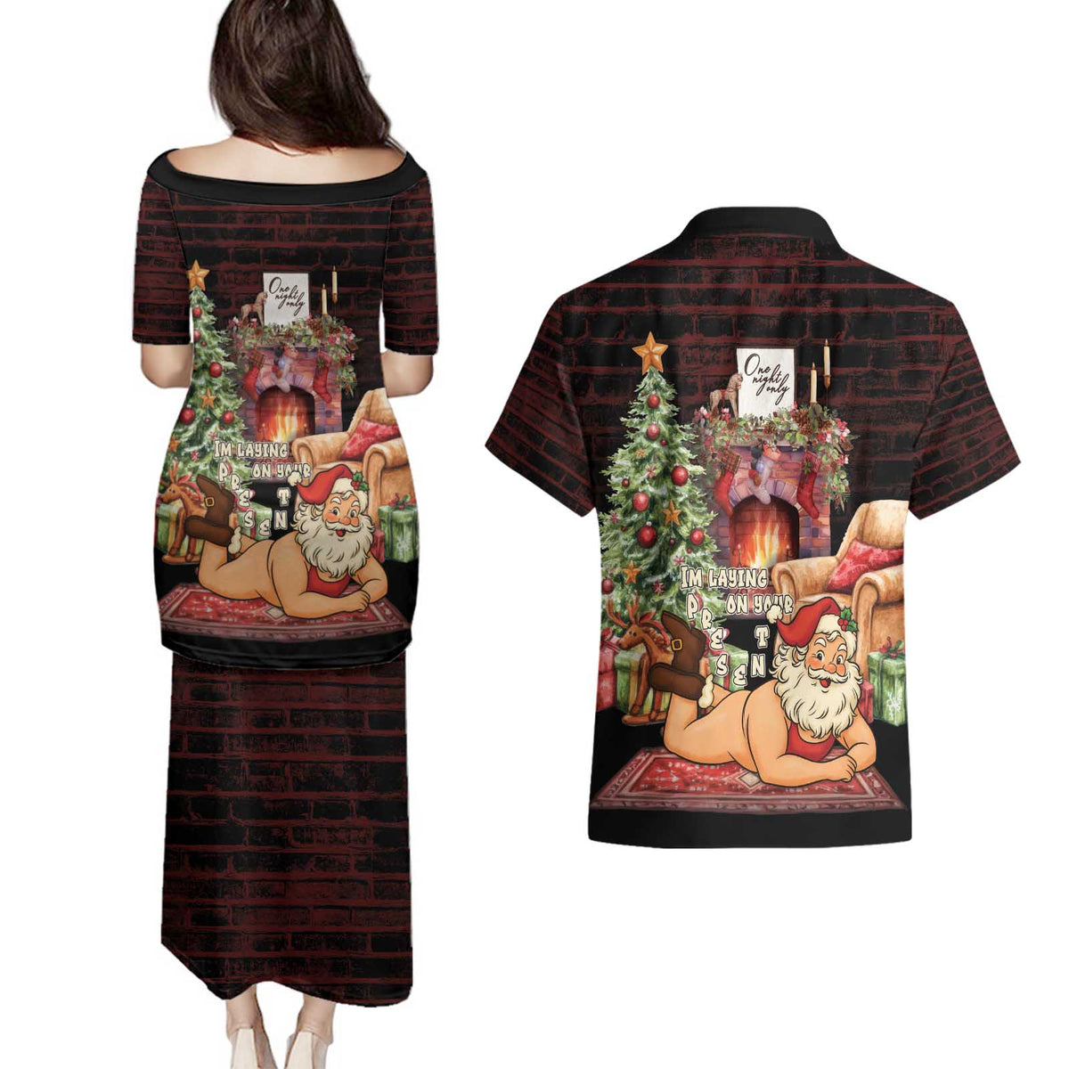 Funny Christmas Couples Matching Puletasi and Hawaiian Shirt Naughty Santa Im Laying On Your Present - Wonder Print Shop
