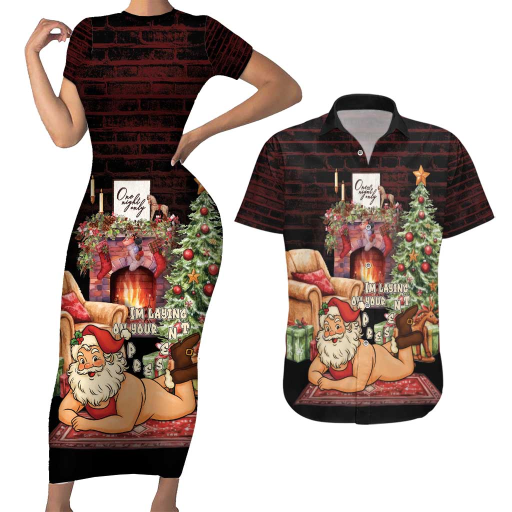 Funny Christmas Couples Matching Short Sleeve Bodycon Dress and Hawaiian Shirt Naughty Santa Im Laying On Your Present - Wonder Print Shop
