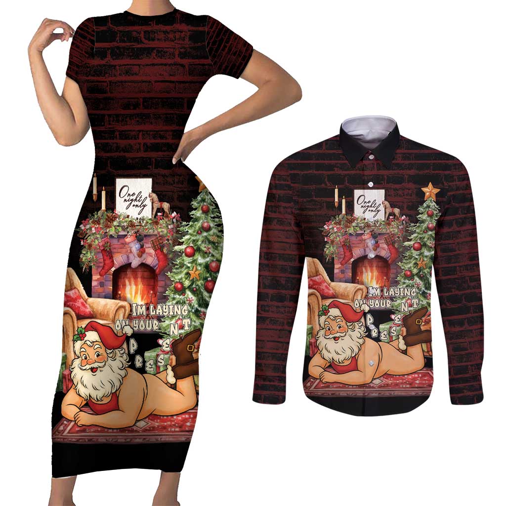 Funny Christmas Couples Matching Short Sleeve Bodycon Dress and Long Sleeve Button Shirt Naughty Santa Im Laying On Your Present - Wonder Print Shop