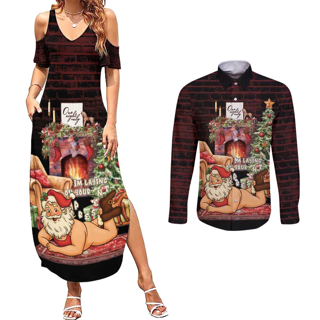 Funny Christmas Couples Matching Summer Maxi Dress and Long Sleeve Button Shirt Naughty Santa Im Laying On Your Present - Wonder Print Shop