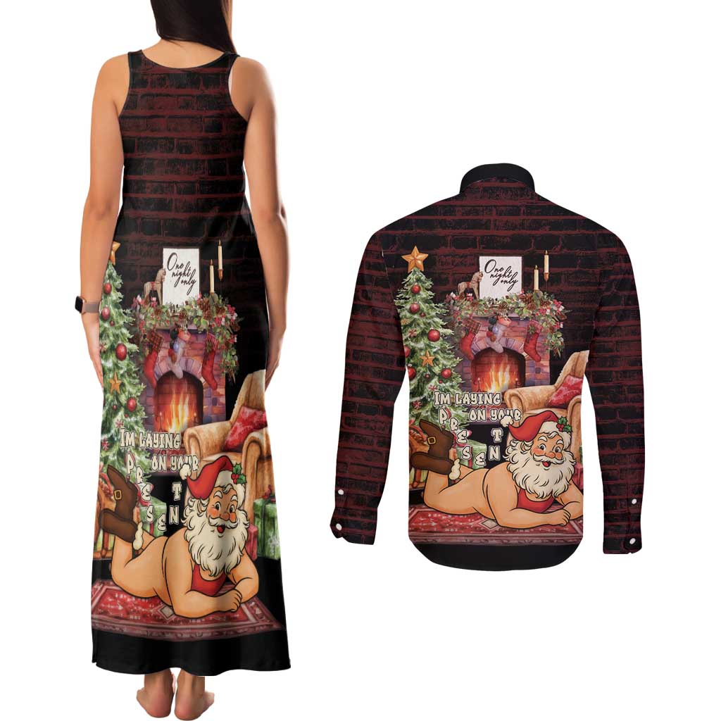 Funny Christmas Couples Matching Tank Maxi Dress and Long Sleeve Button Shirt Naughty Santa Im Laying On Your Present - Wonder Print Shop