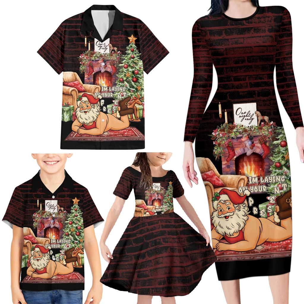 Funny Christmas Family Matching Long Sleeve Bodycon Dress and Hawaiian Shirt Naughty Santa Im Laying On Your Present - Wonder Print Shop