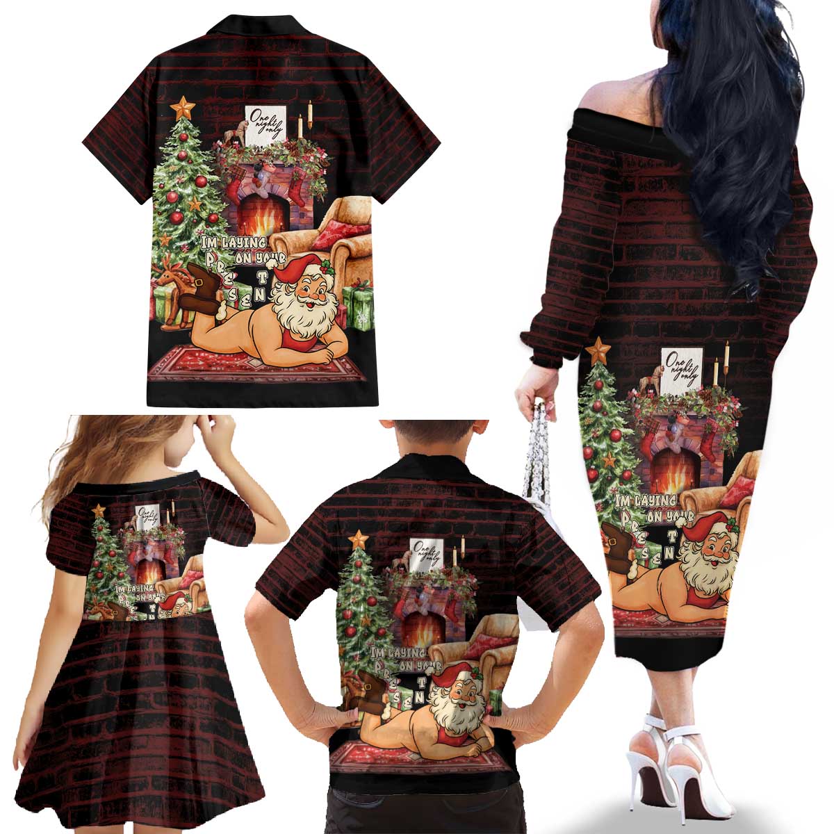 Funny Christmas Family Matching Off The Shoulder Long Sleeve Dress and Hawaiian Shirt Naughty Santa Im Laying On Your Present - Wonder Print Shop