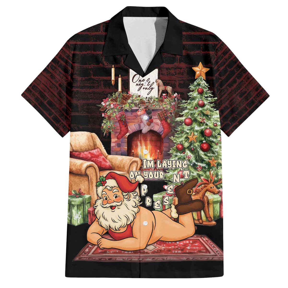 Funny Christmas Family Matching Off The Shoulder Long Sleeve Dress and Hawaiian Shirt Naughty Santa Im Laying On Your Present - Wonder Print Shop