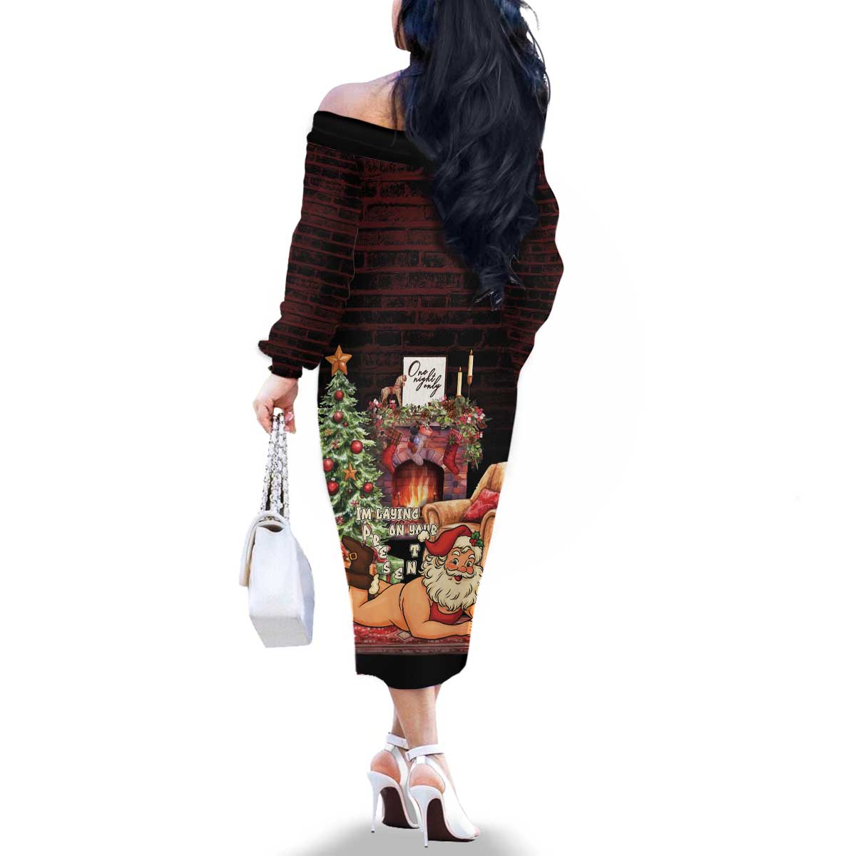 Funny Christmas Family Matching Off The Shoulder Long Sleeve Dress and Hawaiian Shirt Naughty Santa Im Laying On Your Present - Wonder Print Shop
