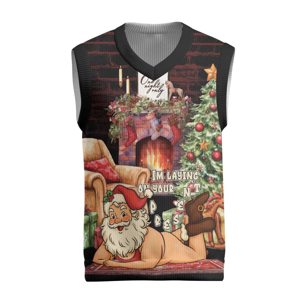 Funny Christmas Knitted V-Neck Vest Naughty Santa Im Laying On Your Present - Wonder Print Shop