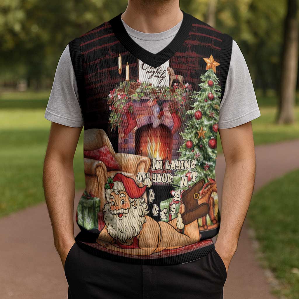Funny Christmas Knitted V-Neck Vest Naughty Santa Im Laying On Your Present - Wonder Print Shop