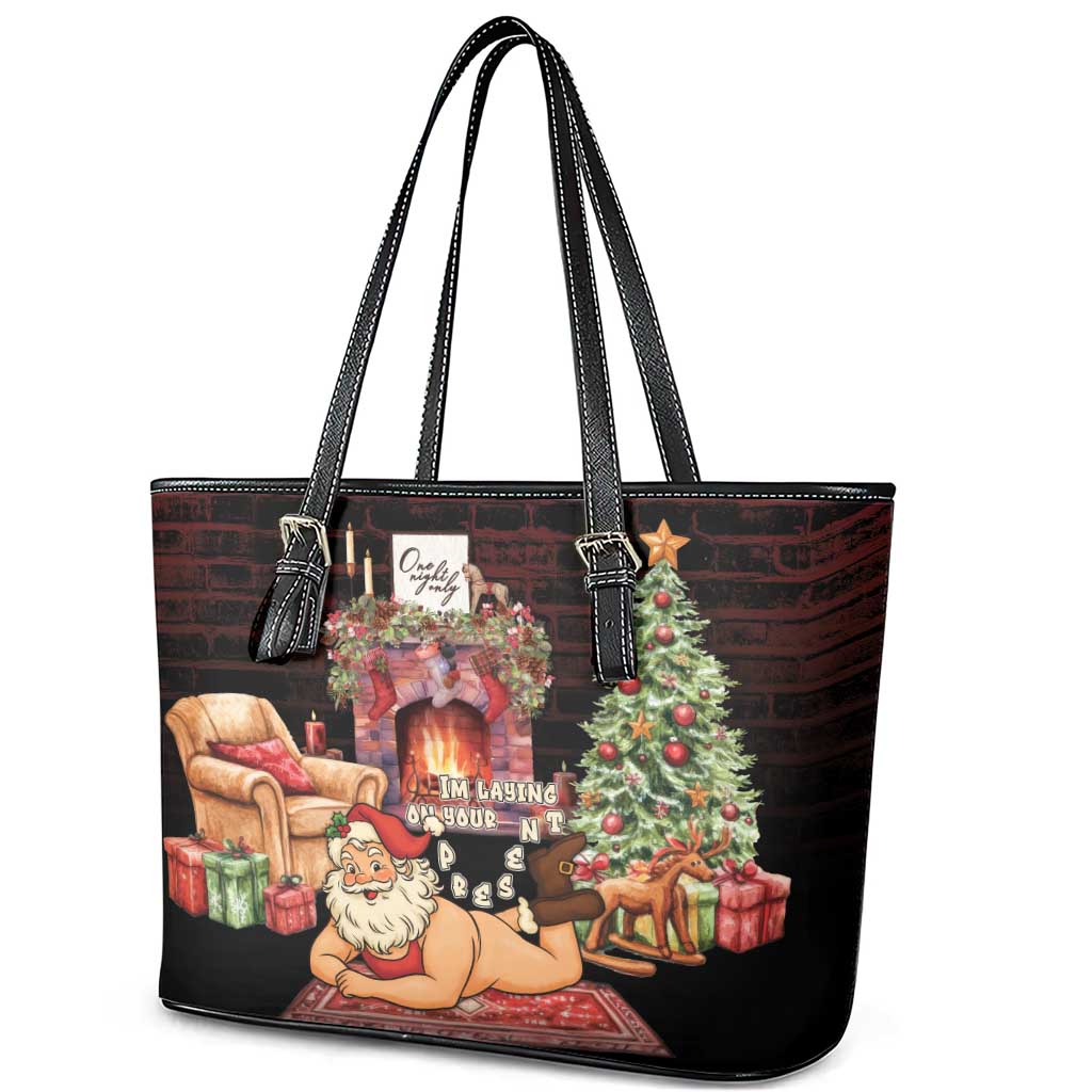 Funny Christmas Leather Tote Bag Naughty Santa Im Laying On Your Present - Wonder Print Shop