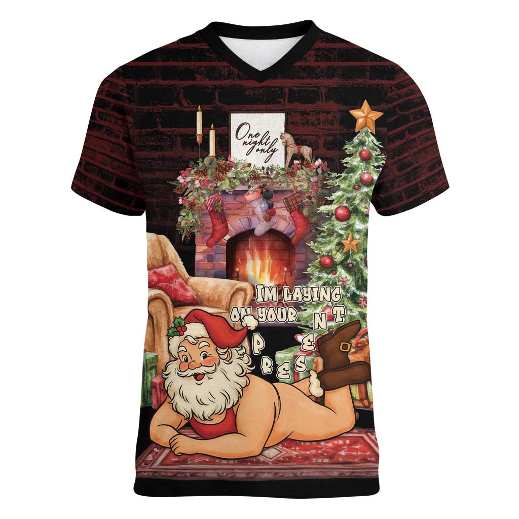Funny Christmas Women V-Neck T-Shirt Naughty Santa Im Laying On Your Present - Wonder Print Shop